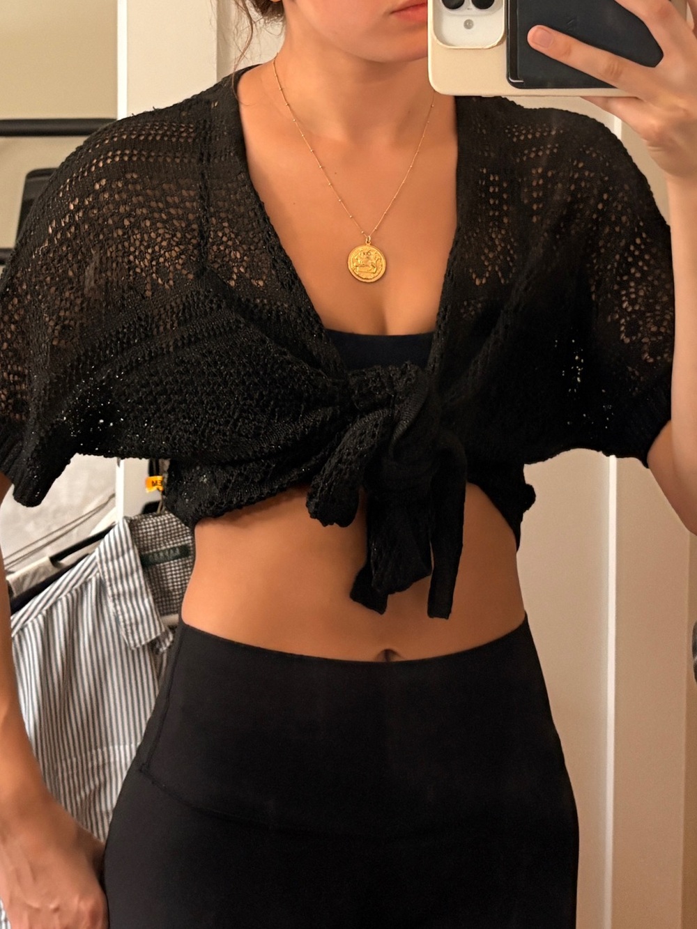 Black Tie-Front Crochet Swim Coverup
